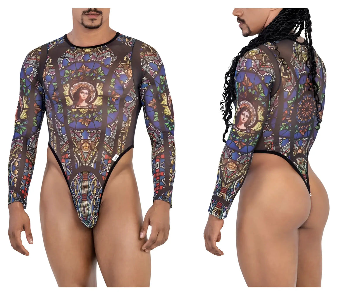 Stylish candyMan 99814 stained glass bodysuit in black with vibrant blue gold green stained-glass mesh design