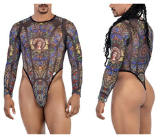 Stylish candyMan 99814 stained glass bodysuit in black with vibrant blue gold green stained-glass mesh design