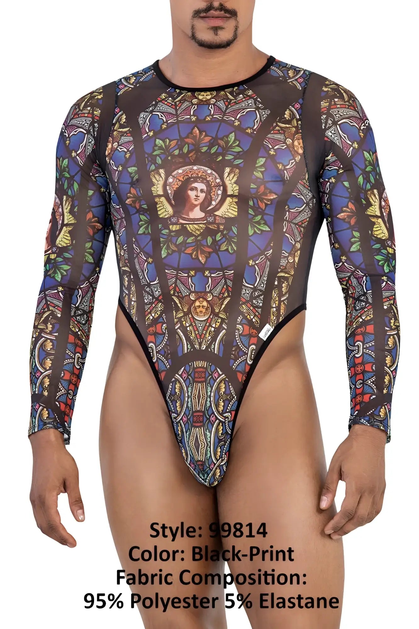 Black-print CandyMan 99814 bodysuit with stained-glass window design in vibrant blue purple gold and green colors