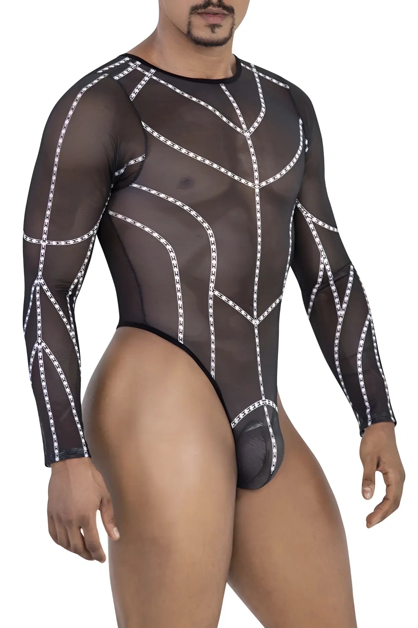 Black sheer long-sleeved mesh bodysuit with white geometric chain-like trim candyMan 99816 color black