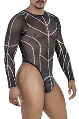 Black CandyMan 99816 mesh bodysuit with sheer long sleeves and white chain trim geometric pattern