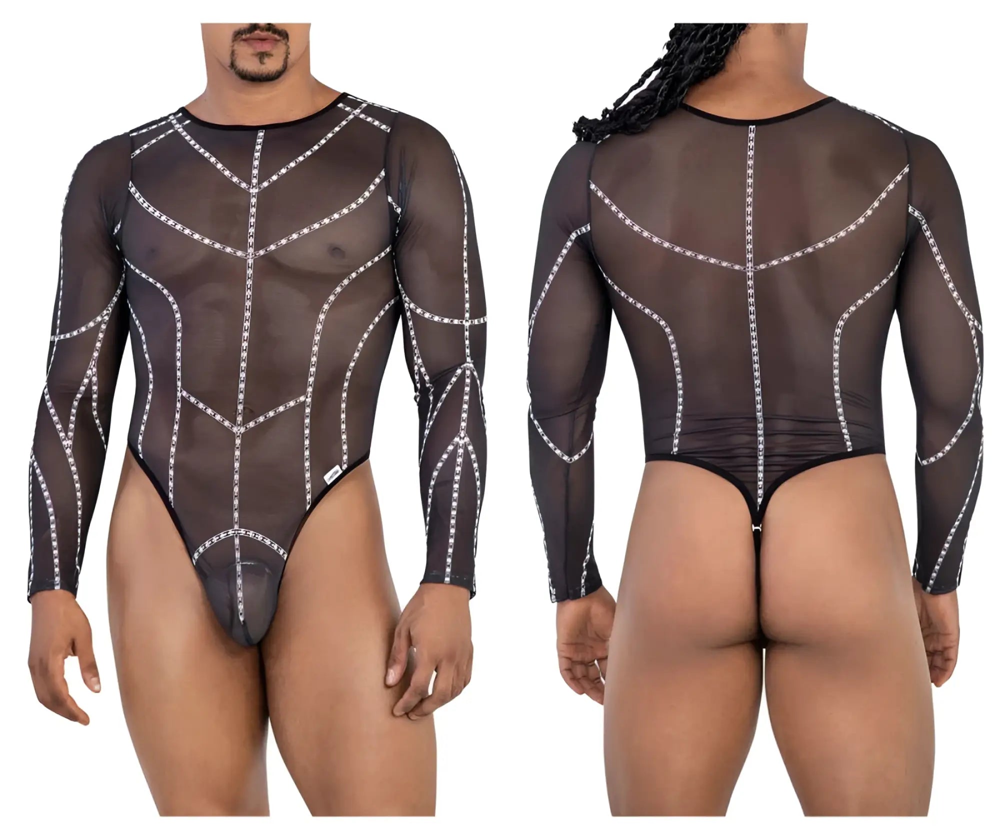 Black candyMan 99816 mesh bodysuit with long sheer sleeves and white chain detailing front view