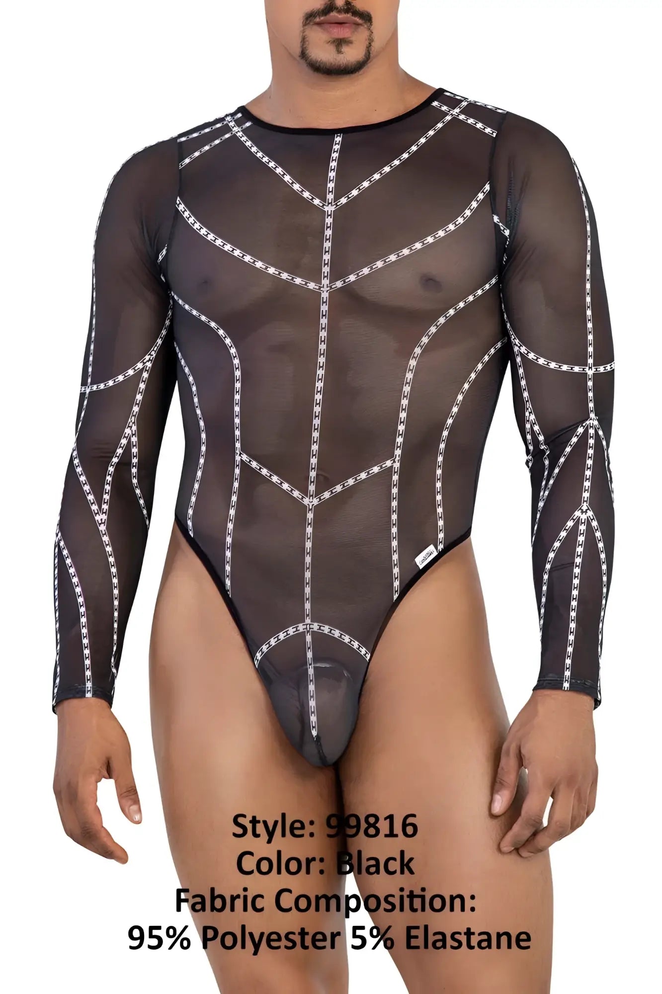 CandyMan 99816 mesh bodysuit in black sheer fabric with white chain-like embroidery detailing