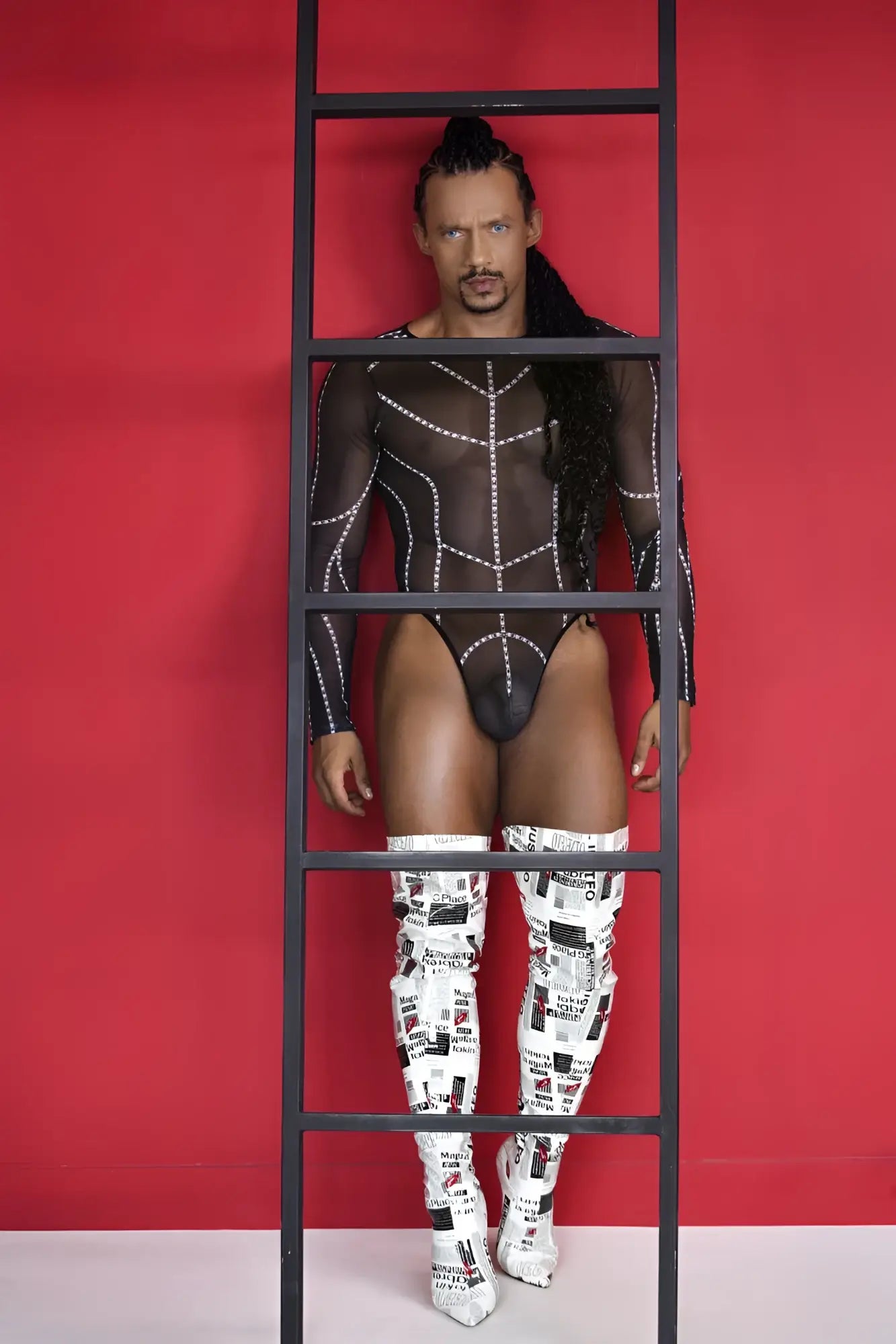 Black mesh bodysuit with silver stud detailing candyMan 99816 mesh bodysuit color black front view