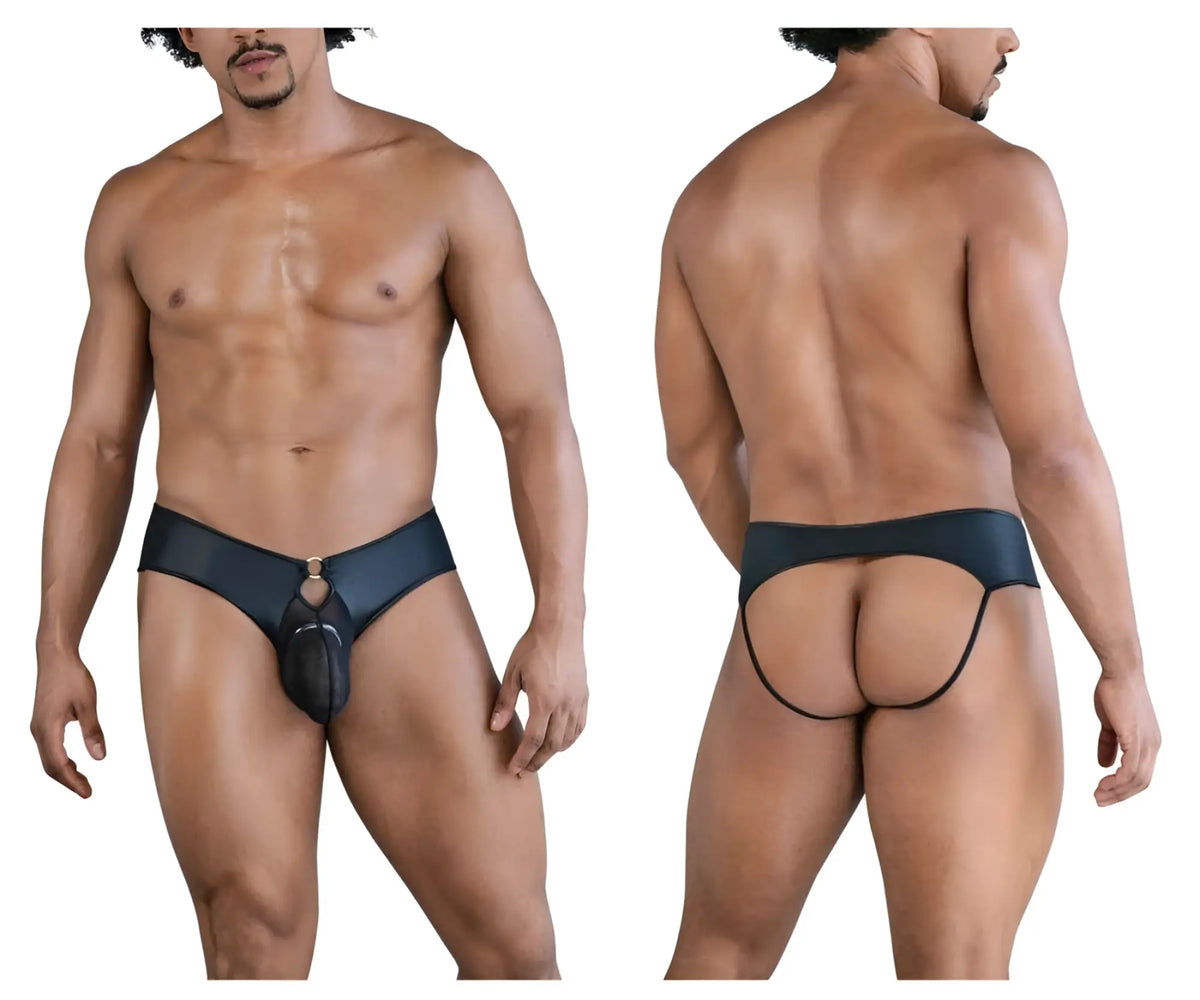 Black leather-like men’s briefs with central pouch and gold-tone hardware candyMan 99817 bulge jockstrap black