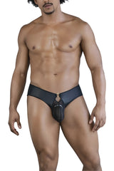 Black leather-like men’s thong with central pouch and metallic ring detail candy man 99817 bulge jockstrap