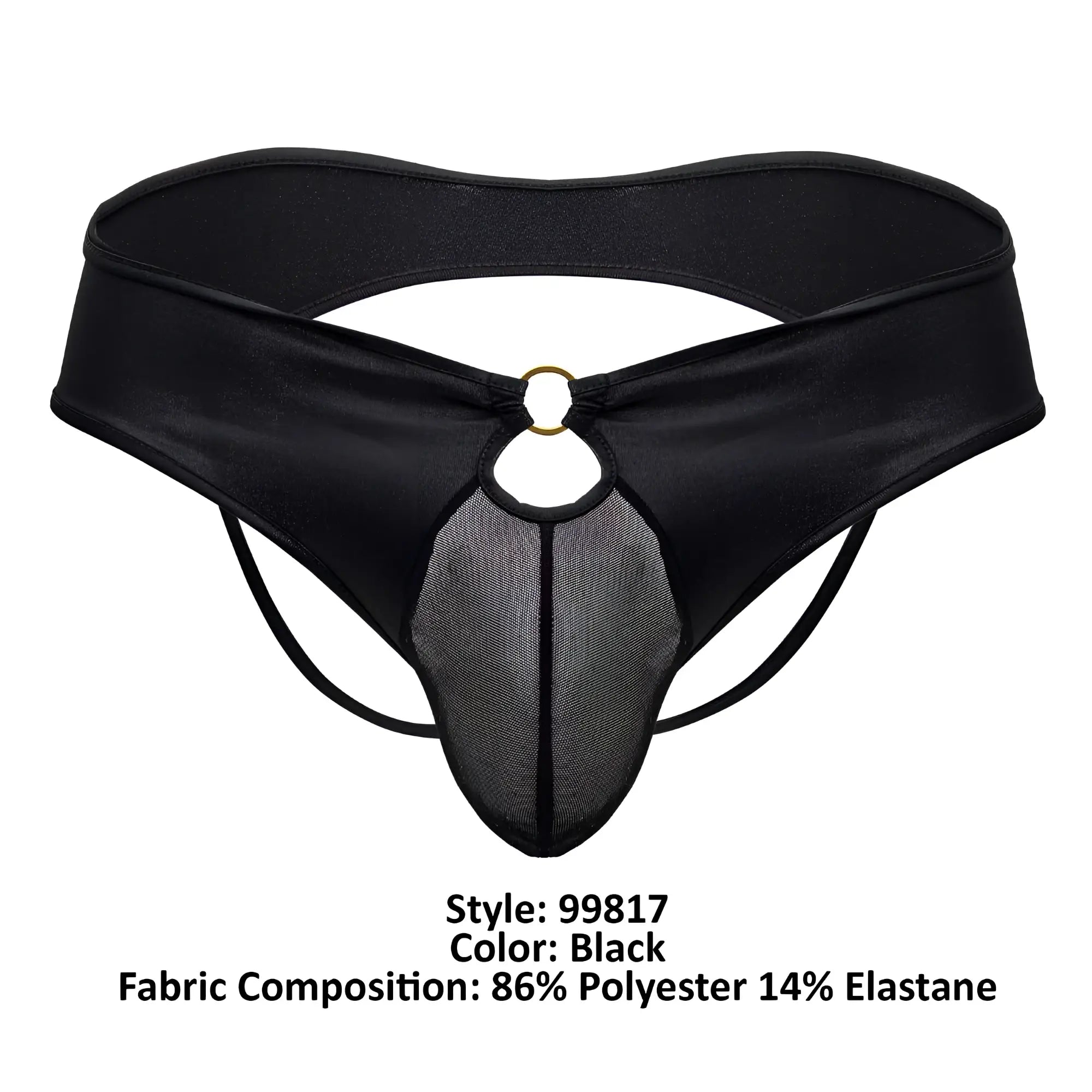 Black satin-like CandyMan 99817 bulge jockstrap with mesh panel and gold-toned ring detail visible from the back
