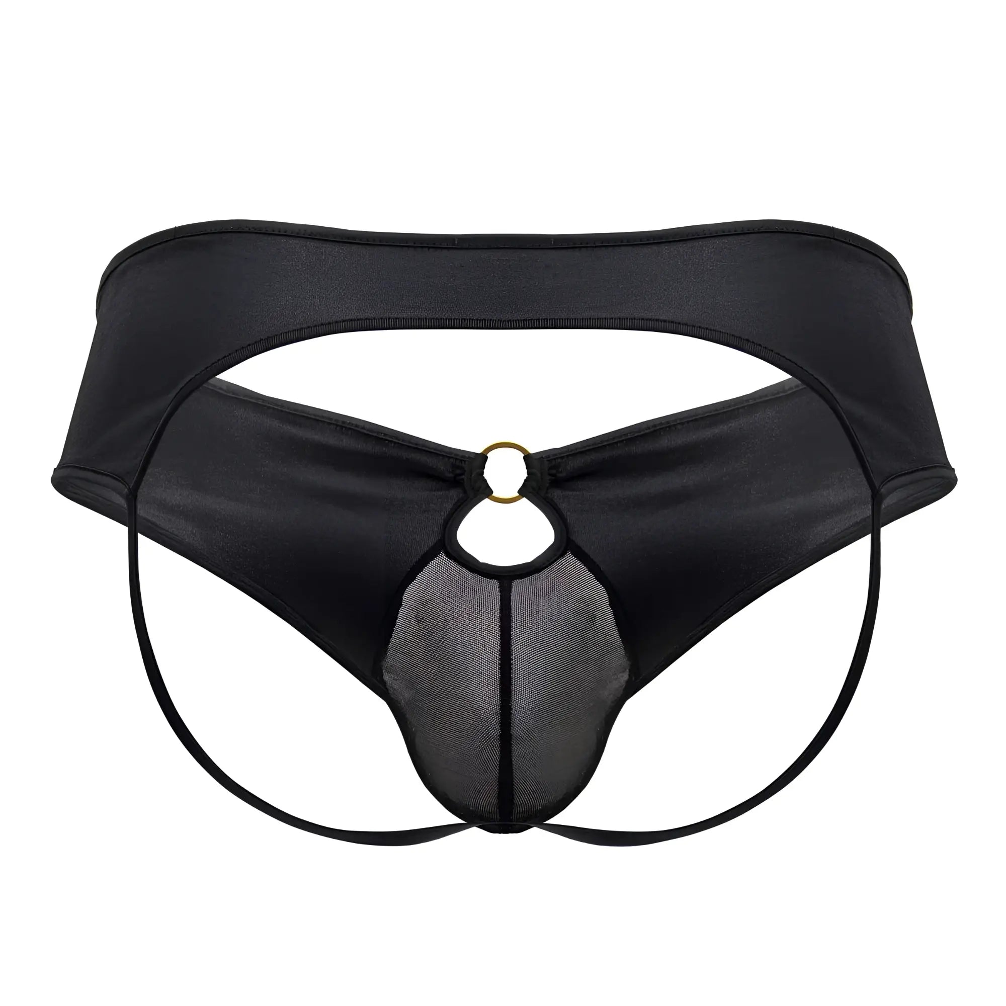 Black satin-like CandyMan 99817 bulge jockstrap with mesh panel and gold-toned ring detail