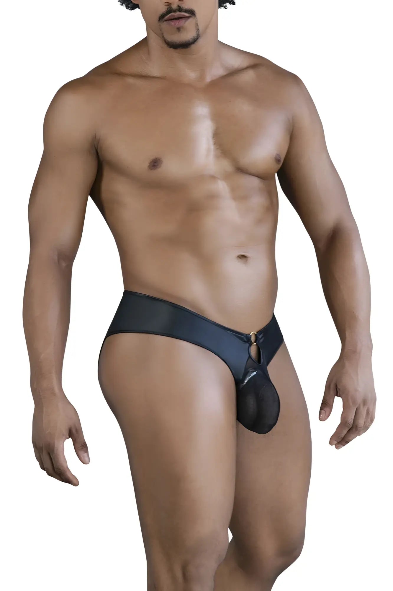 Black satin-like men’s thong candyMan 99817 bulge jockstrap with central pouch and gold-tone hardware