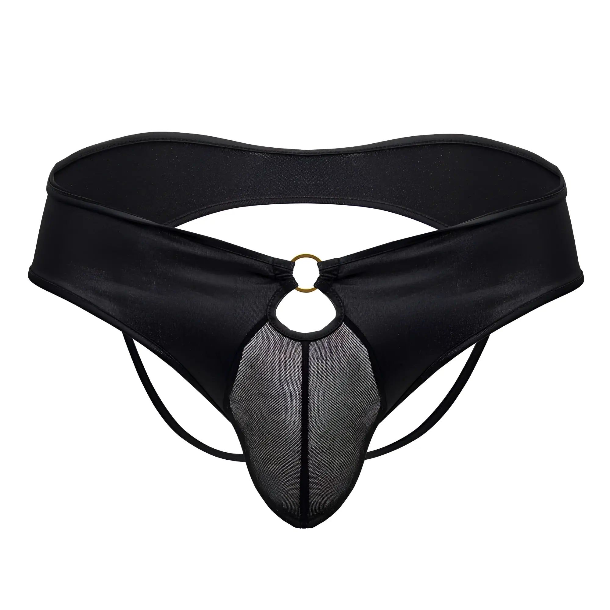 Black satin CandyMan 99817 bulge jockstrap thong with mesh panel and gold-toned ring at front in black color