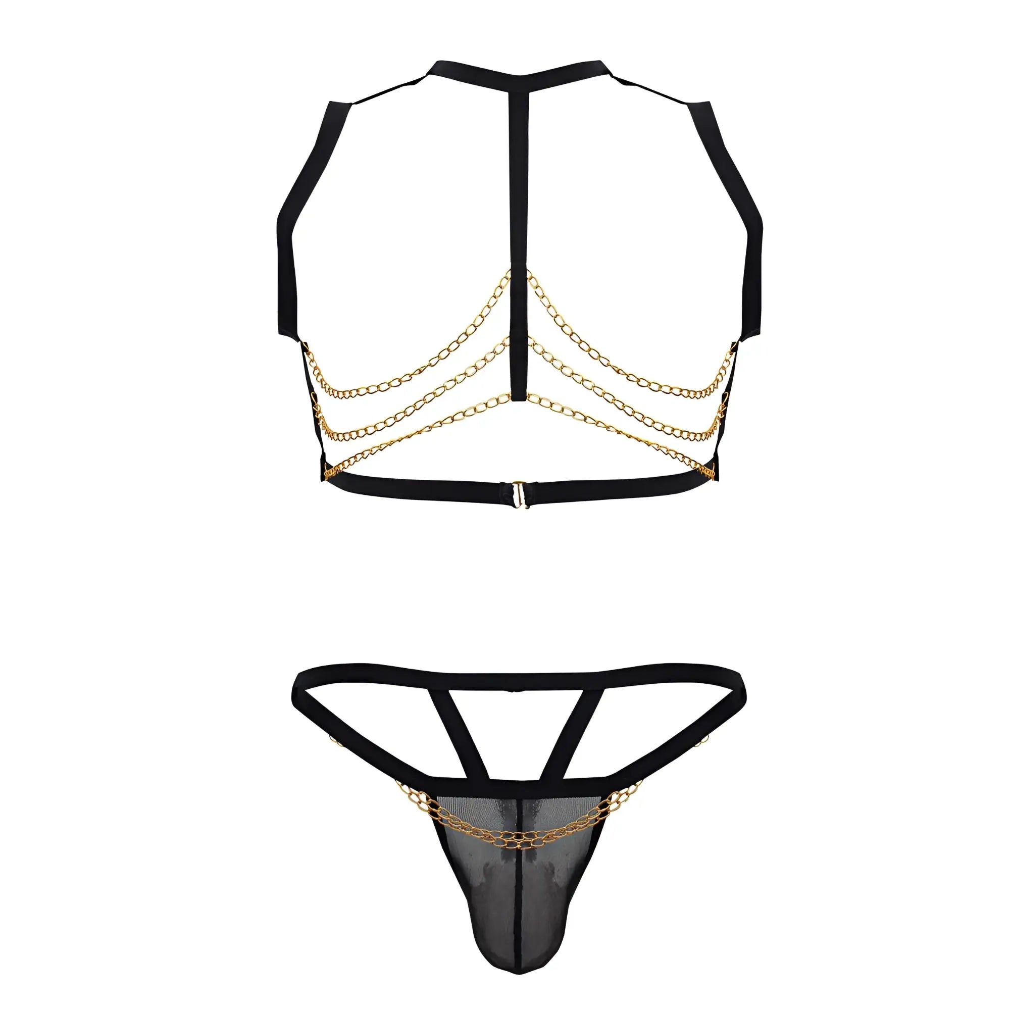 Black and gold chain-embellished candyMan 99818 two piece lingerie set with mesh fabric in black color