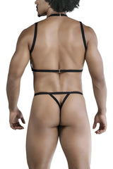 Black leather harness-style lingerie with thin straps and central buckle at the waist candyMan 99818 two piece outfit