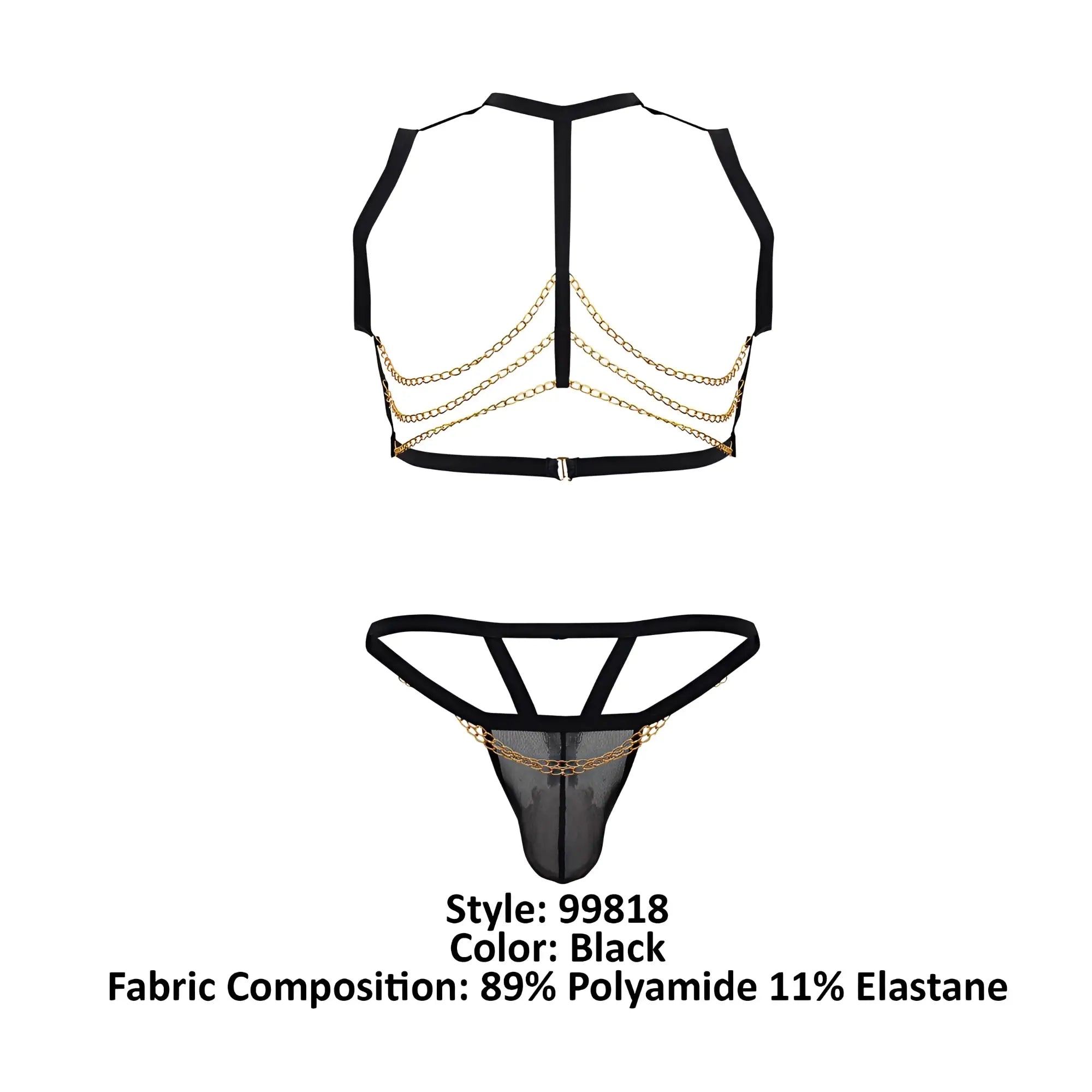Black mesh lingerie candyMan 99818 two piece outfit back side showing backless top with gold chain and matching thong