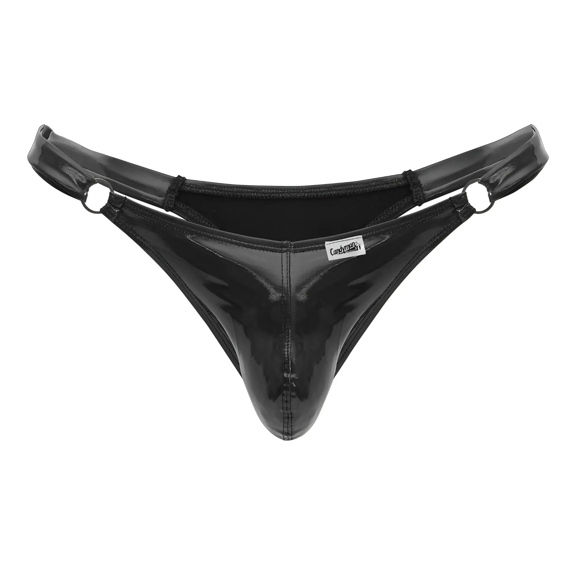 Candyman 99819 dom thong in gloss black patent leather with reinforced metal rings at the waistband