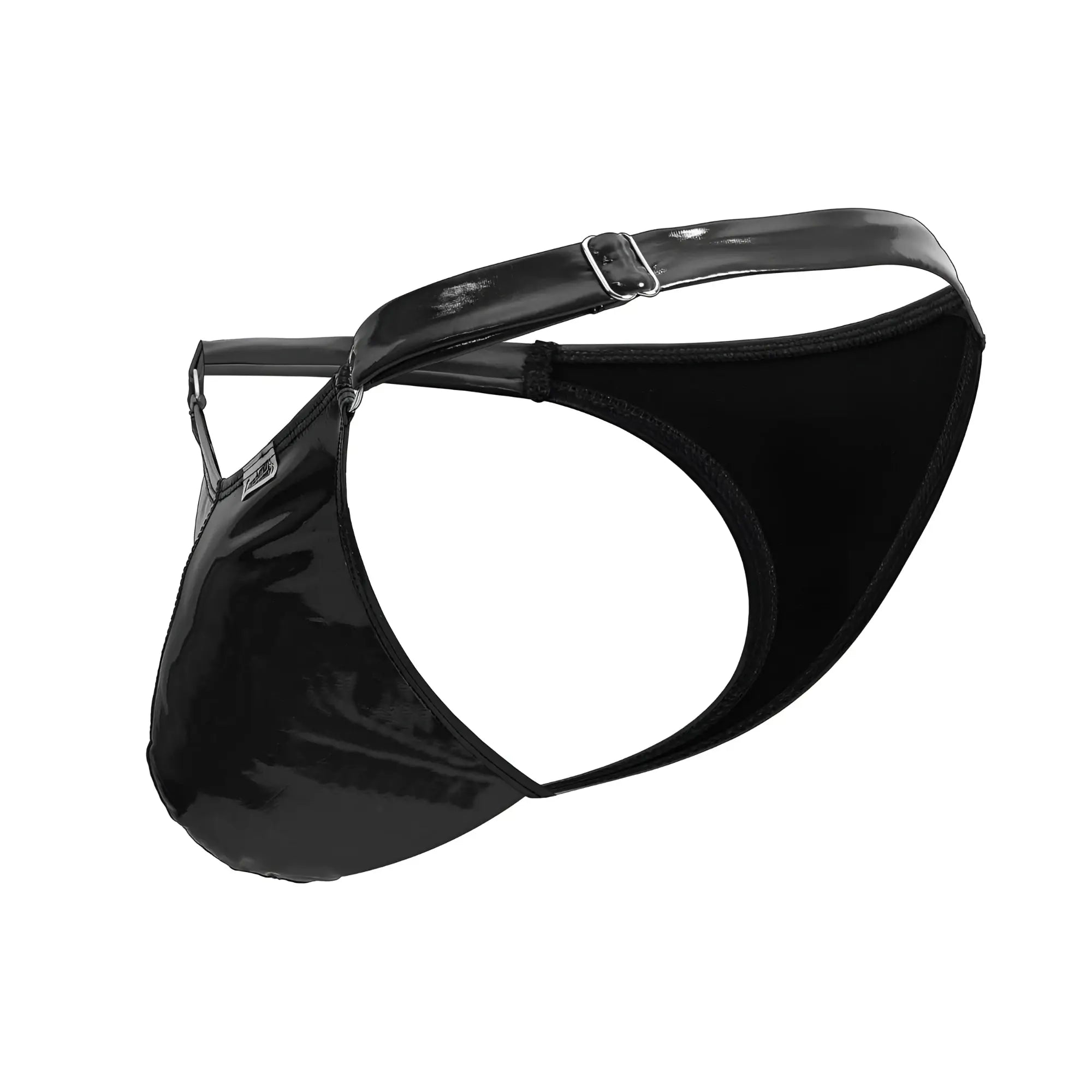 Black patent leather CandyMan 99819 Dom thong with silver buckle and adjustable strap in gloss black