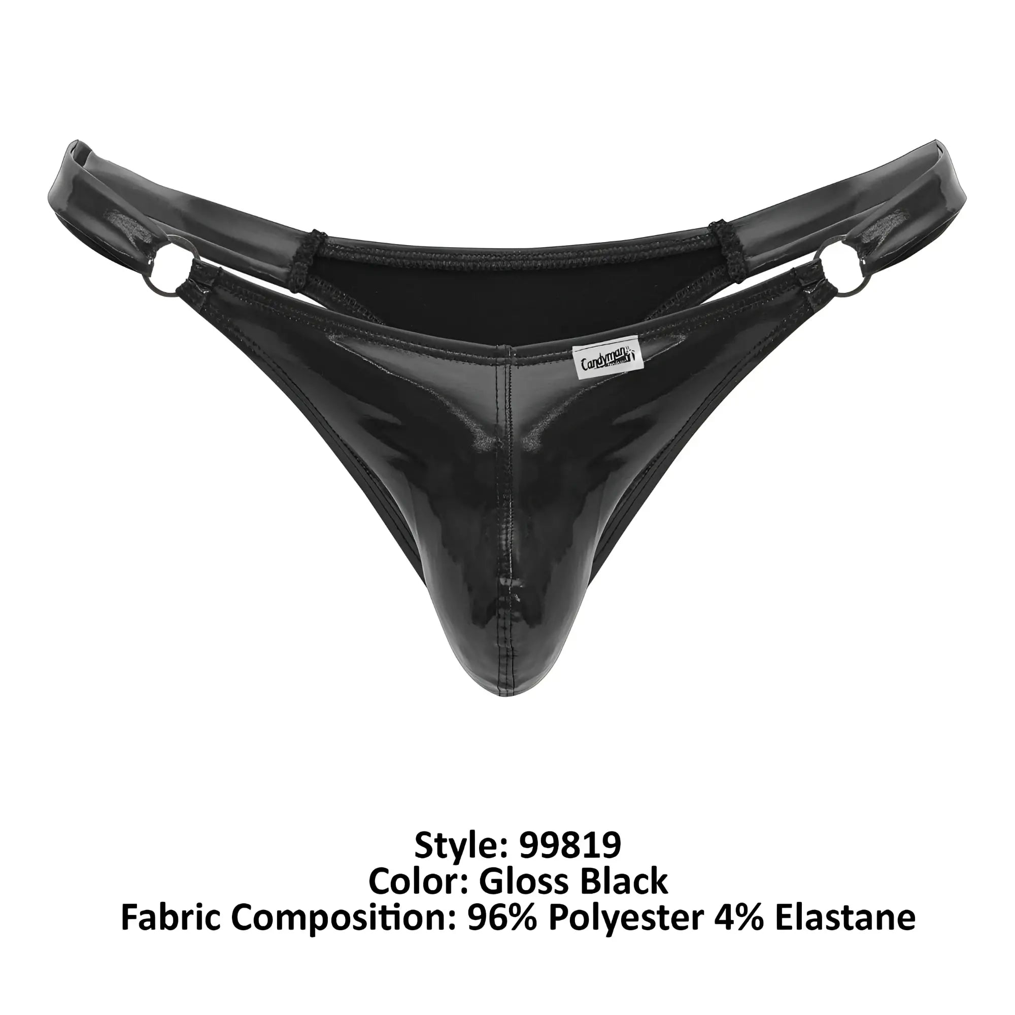 Gloss black CandyMan 99819 dom thong made of shiny stretchy polyester and elastane blend shown from the back