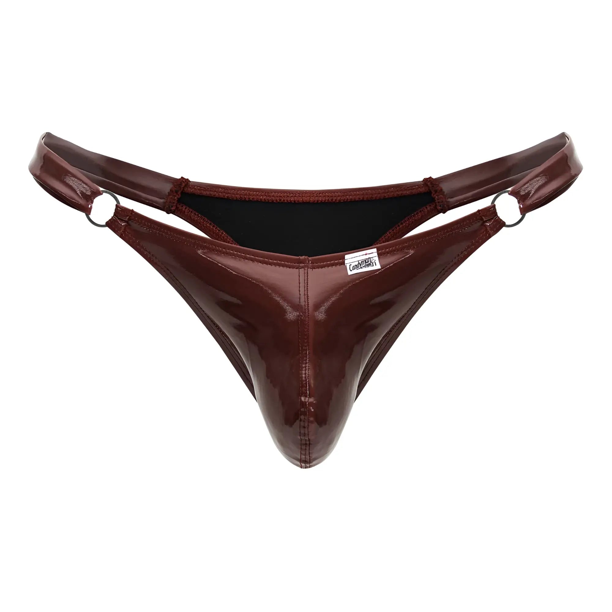 CandyMan 99819 dom thong in glossy burgundy patent leather with black lining and metal side rings