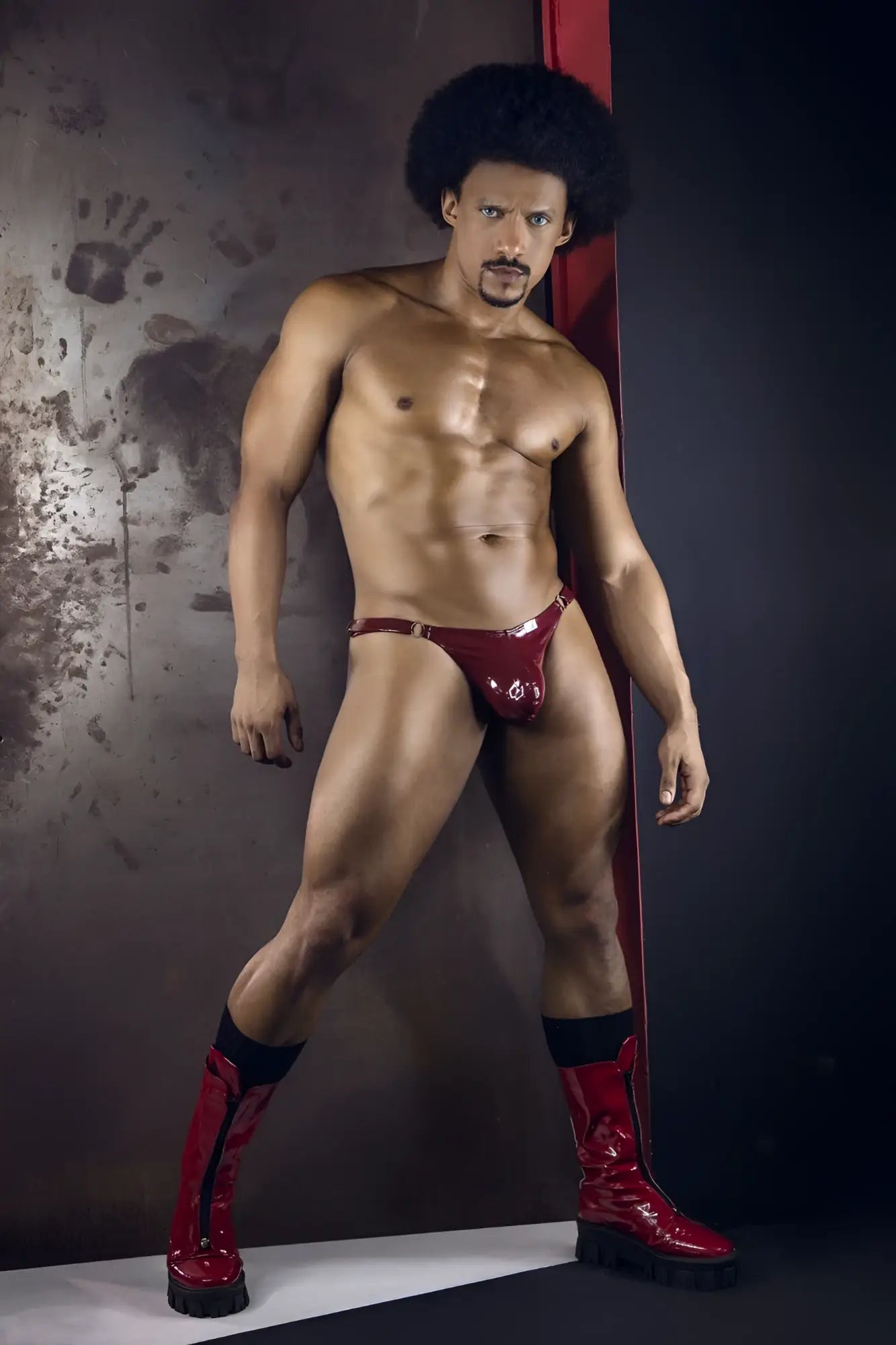 Shiny red latex thong with metallic buckle for candy man 99819 dom thongs color gloss wine collection