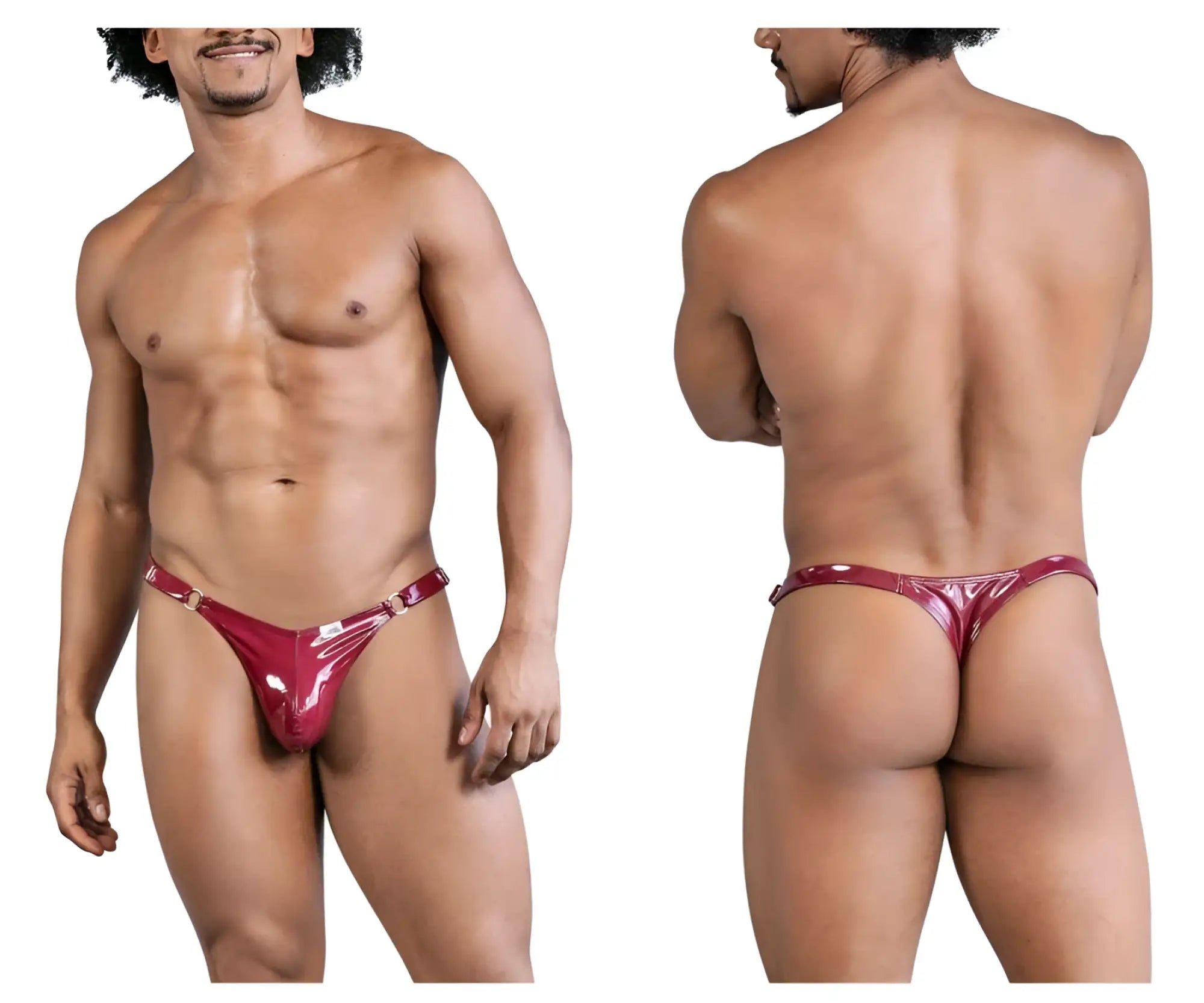 Shiny red patent leather candyMan 99819 dom thong with metallic buckle accents in gloss wine color
