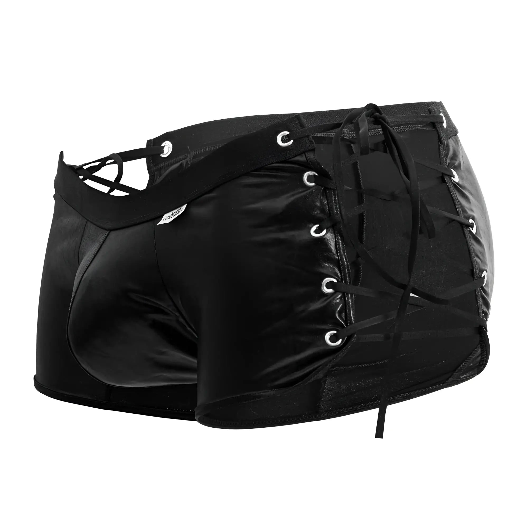 Black patent leather lace-up high-waisted shorts with silver grommets candy man 99820 side-tie trunks
