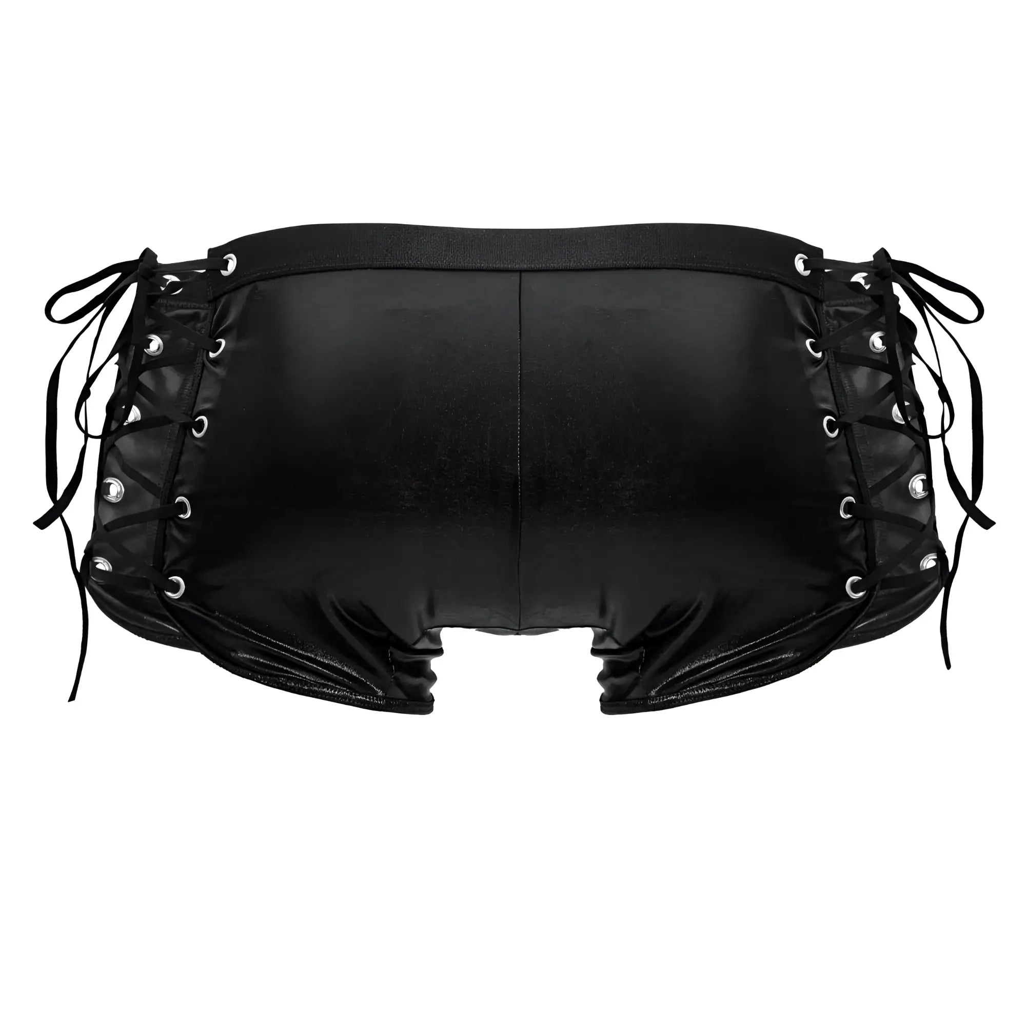 CandyMan 99820 side-tie trunks in black patent leather lace-up shorts with silver grommets and tied side straps