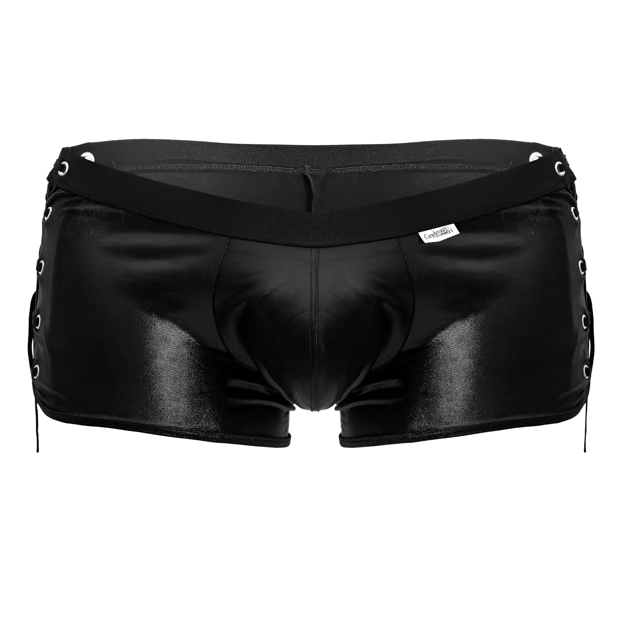 Candyman 99820 side-tie trunks in black feature black patent leather lace-up briefs with silver-toned eyelets and a glossy finish