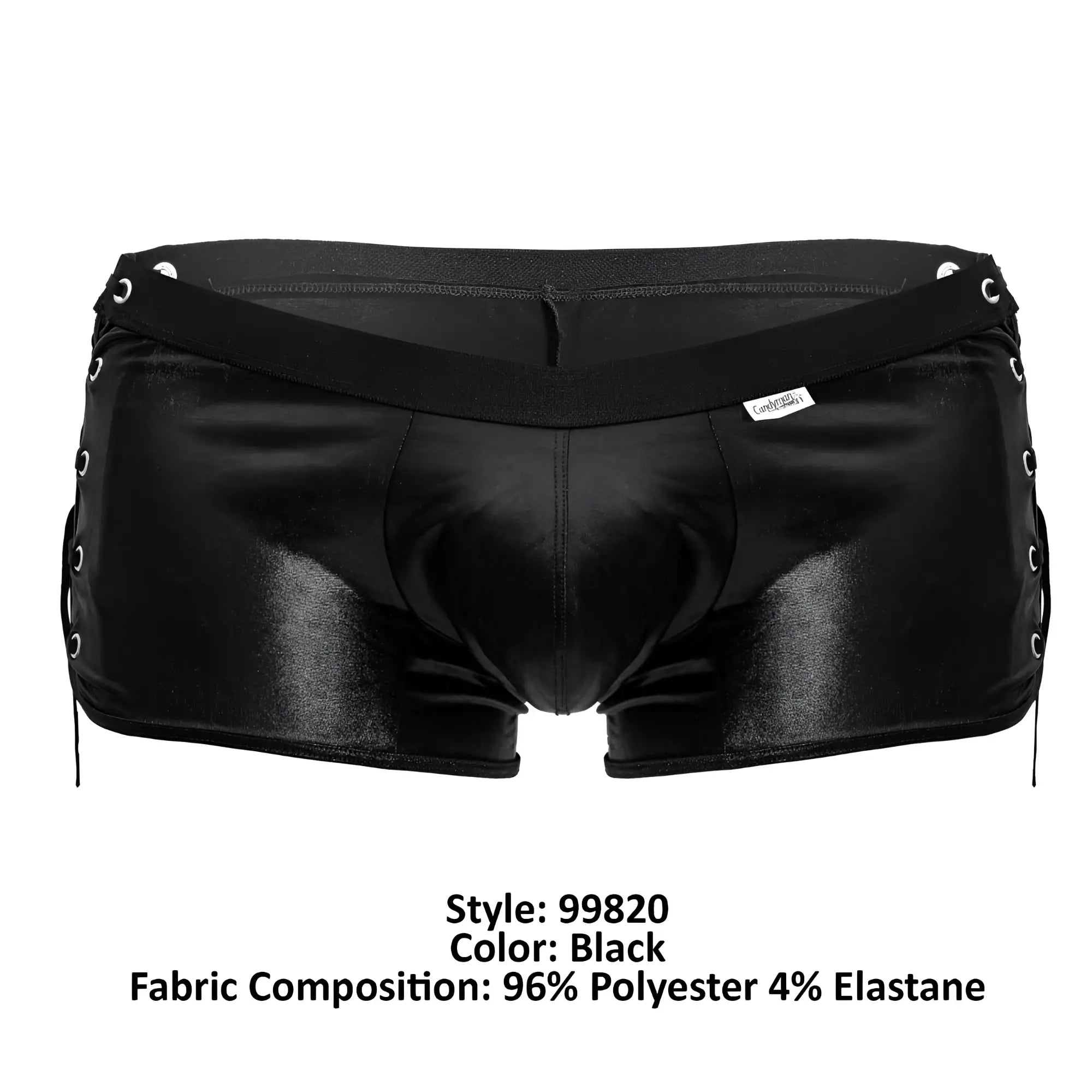 CandyMan 99820 side-tie trunks in black shiny polyester briefs with lace-up sides and a stretchy waistband