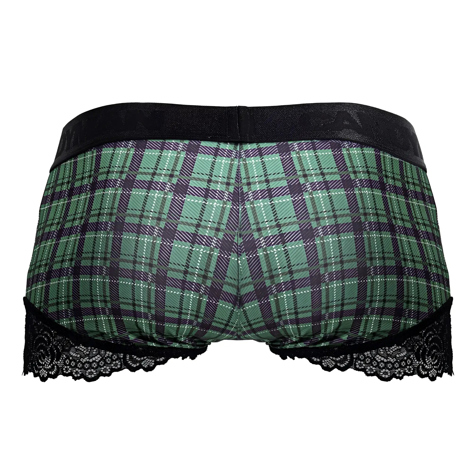 Green and black plaid CandyMan 99821 back to school trunks with black lace trim briefs for comfortable wear