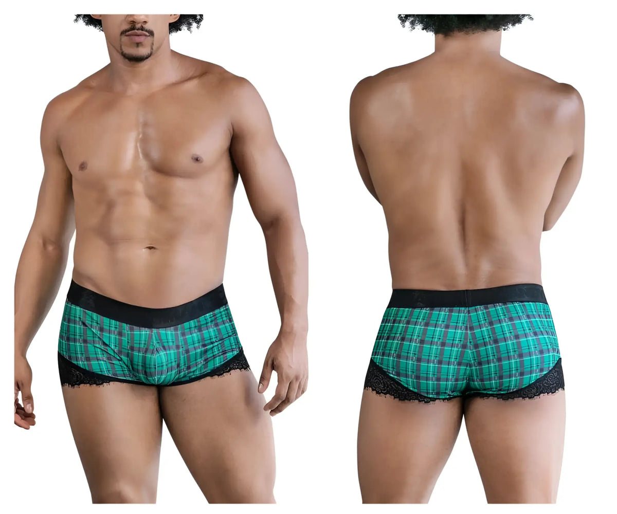 Green plaid mens briefs with black lace trim and solid black waistband candy man 99821 back to school trunks