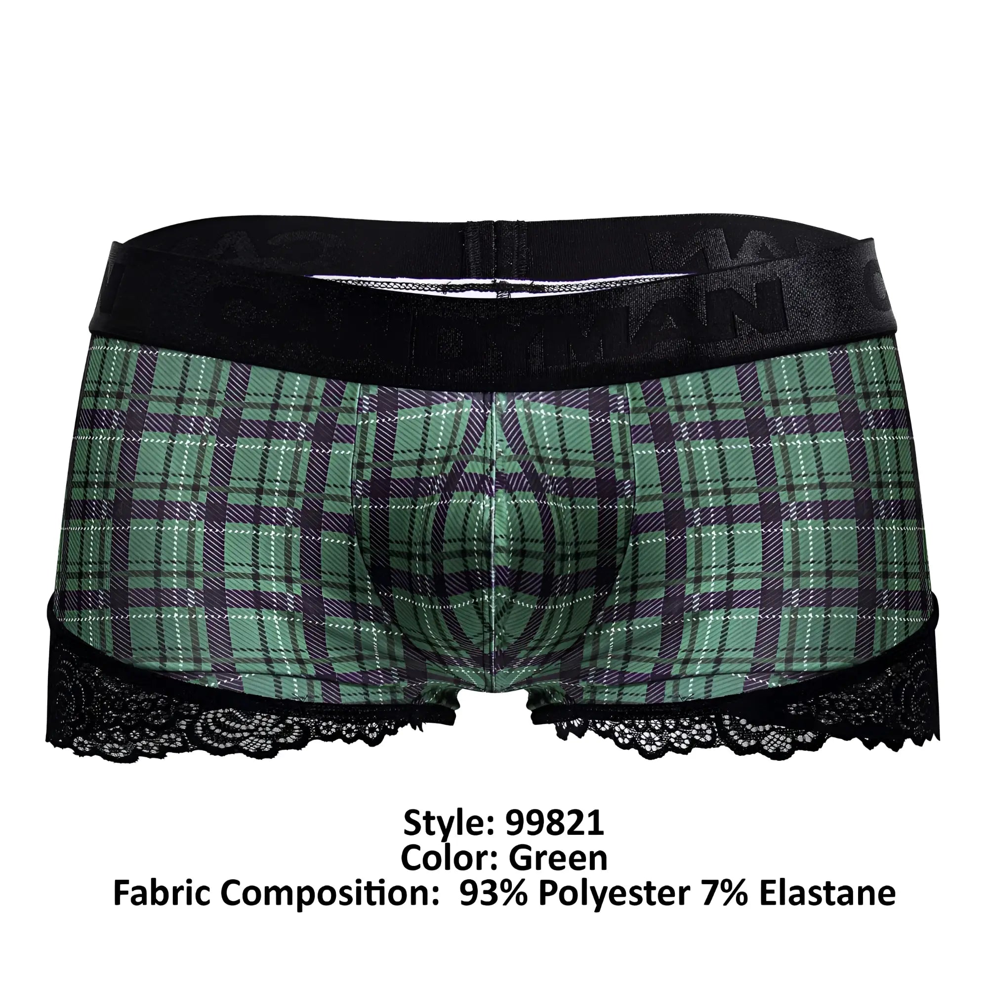 CandyMan 99821 men’s green plaid boxer briefs with black lace trim and black elastic waistband for back to school