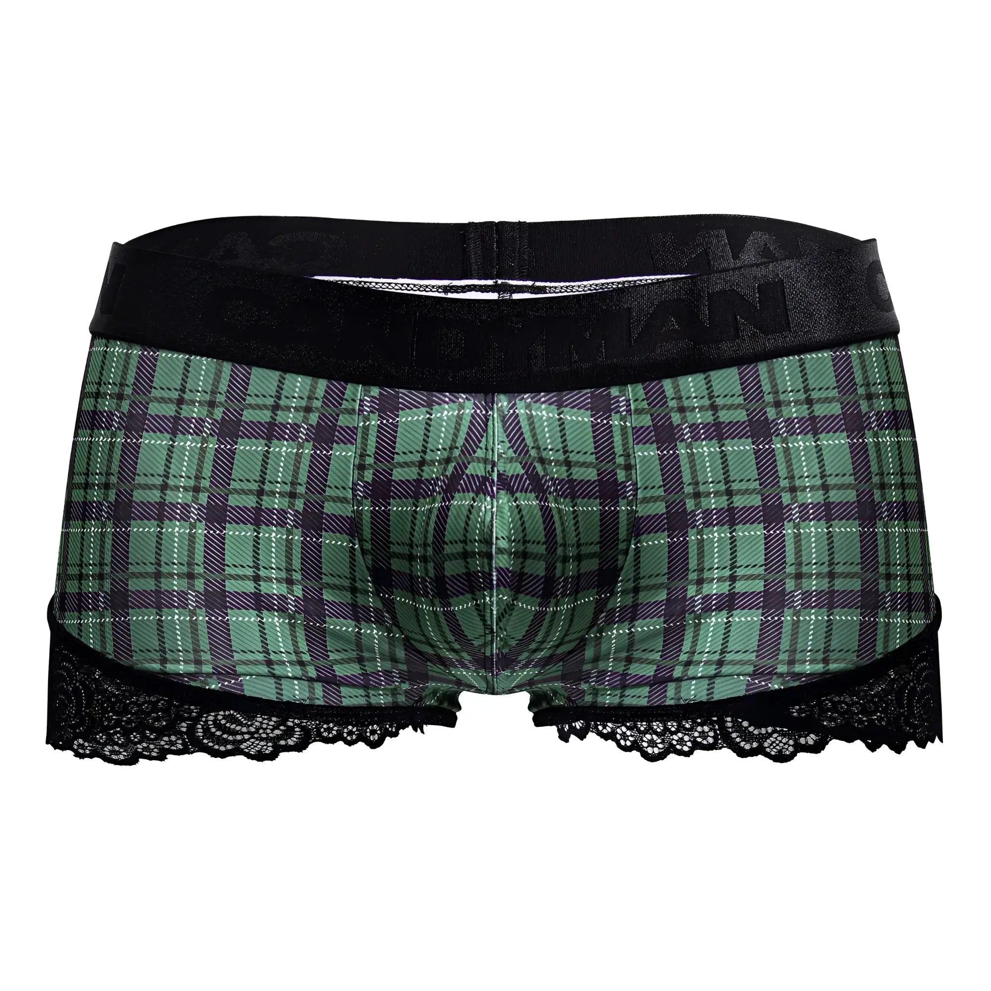 Green plaid CandyMan 99821 back to school trunks with purple plaid, black lace trim, and branded elastic waistband
