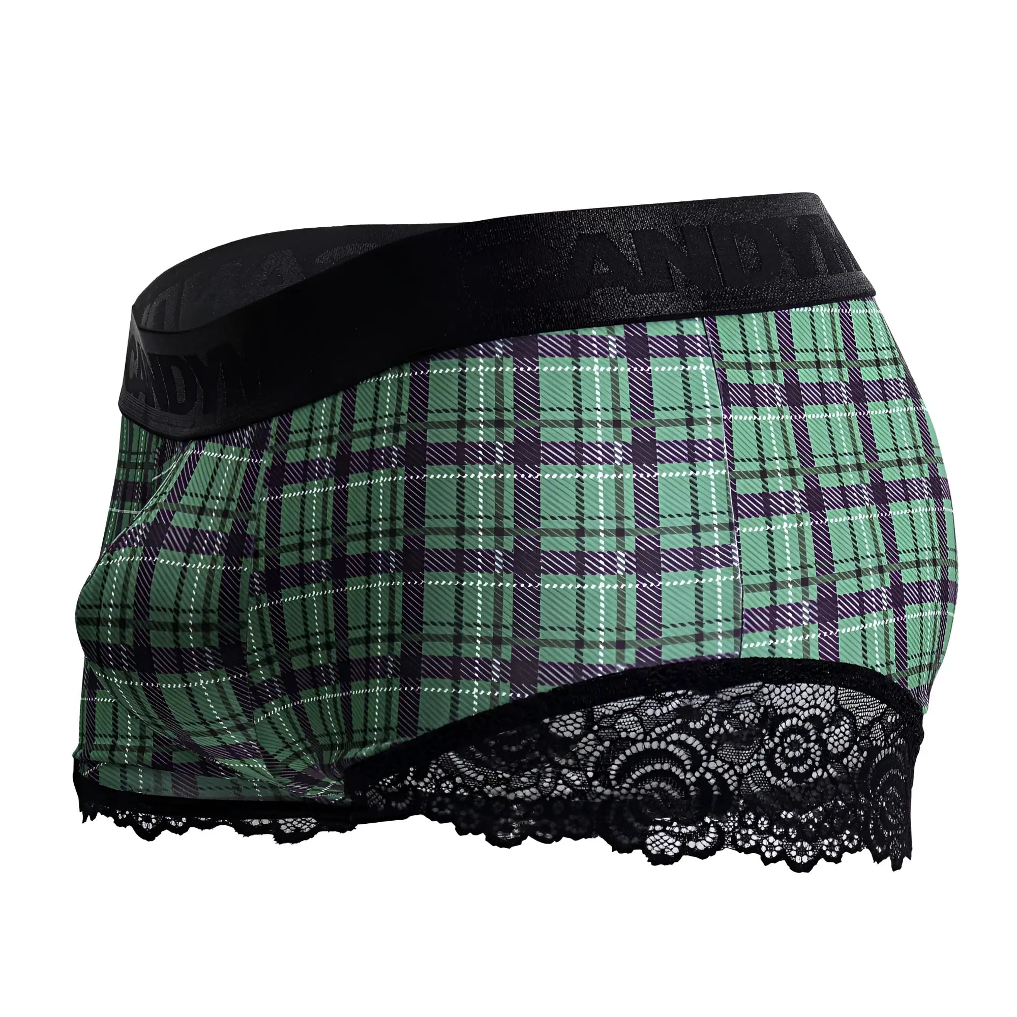 Green and purple plaid CandyMan 99821 back to school men’s trunks with black lace trim and branded elastic waistband