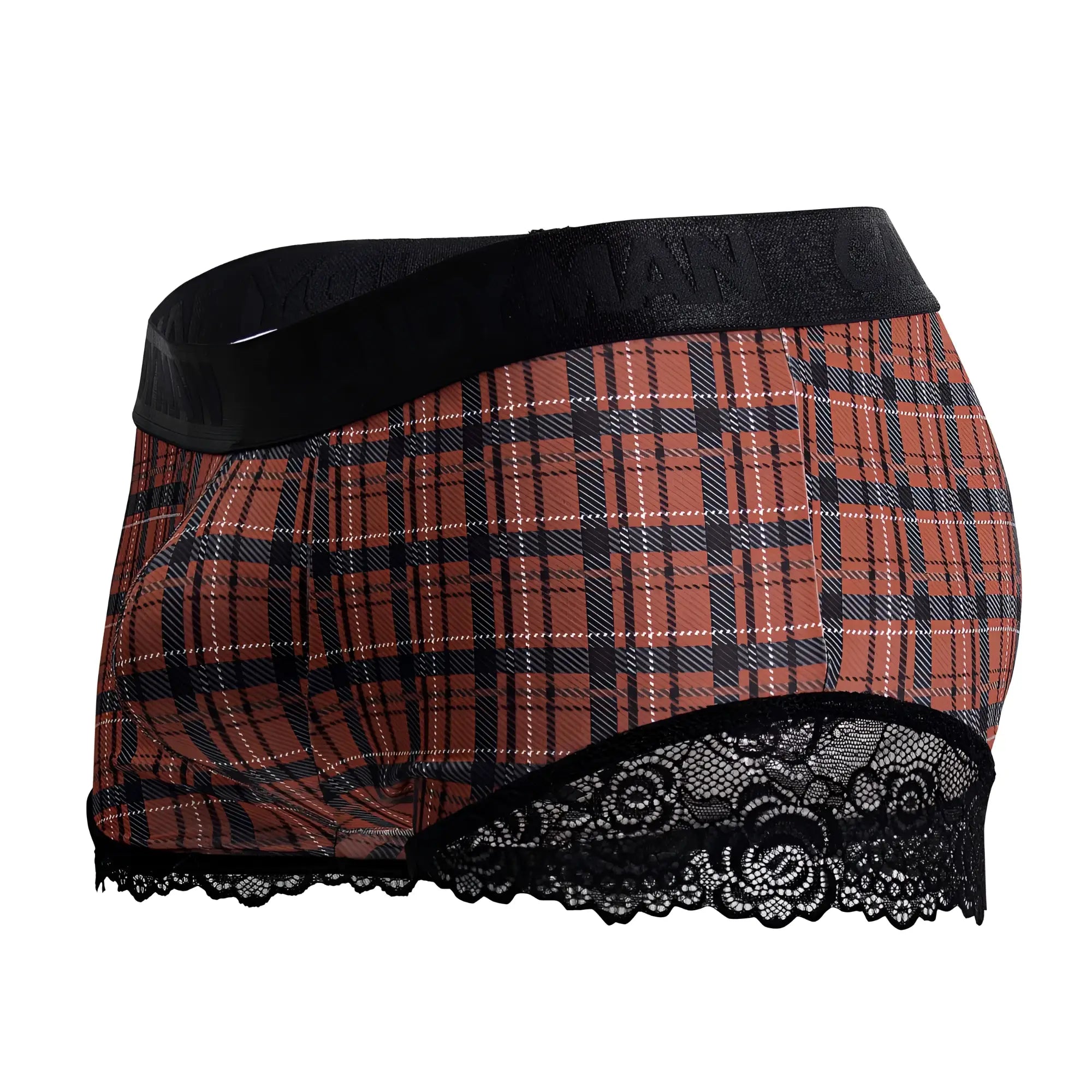 Candyman 99821 back to school trunks are red plaid boxer briefs with black lace trim for stylish comfort