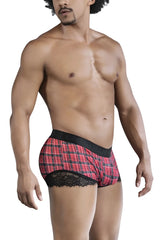 Red and black plaid CandyMan 99821 back to school trunks with lace trim boxer briefs for comfortable wear