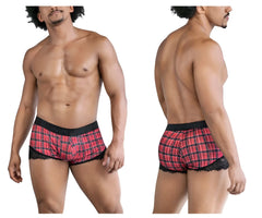 Red plaid CandyMan 99821 back to school trunks boxer briefs with black lace trim front view