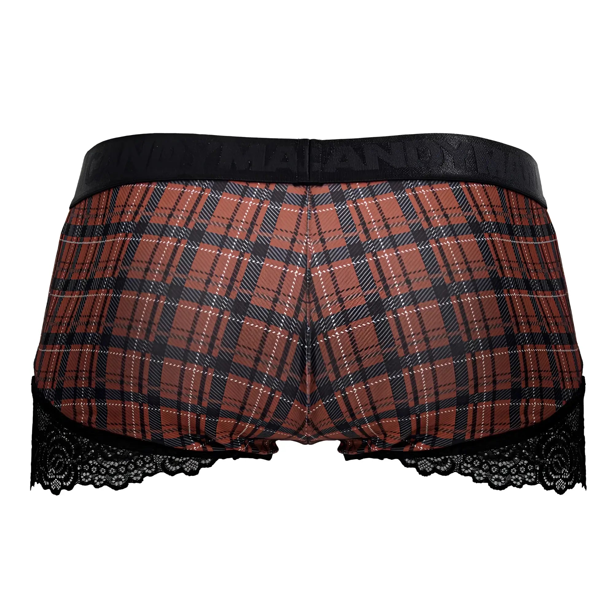 Candyman 99821 back to school trunks red plaid briefs with black lace trim featuring a red and black plaid pattern