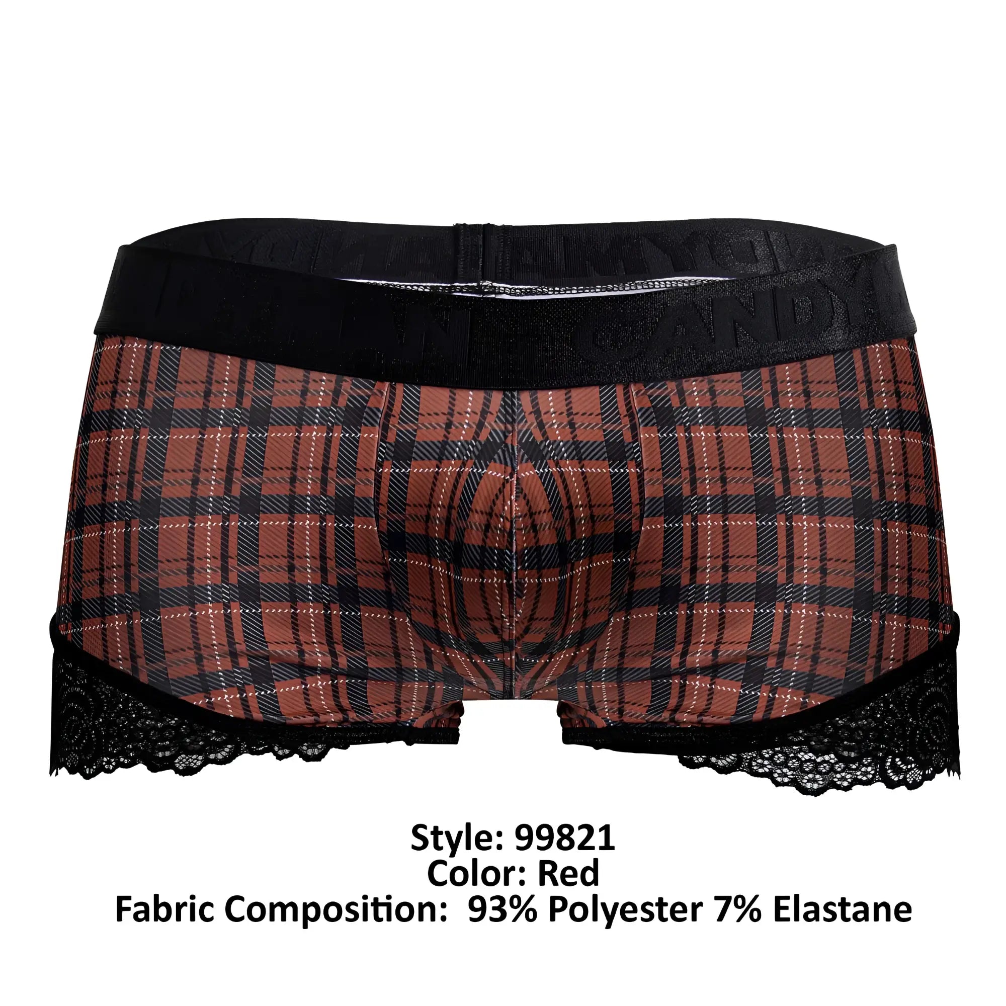 Red plaid boxer briefs candyMan 99821 with black lace trim and elastic waistband for back to school wear
