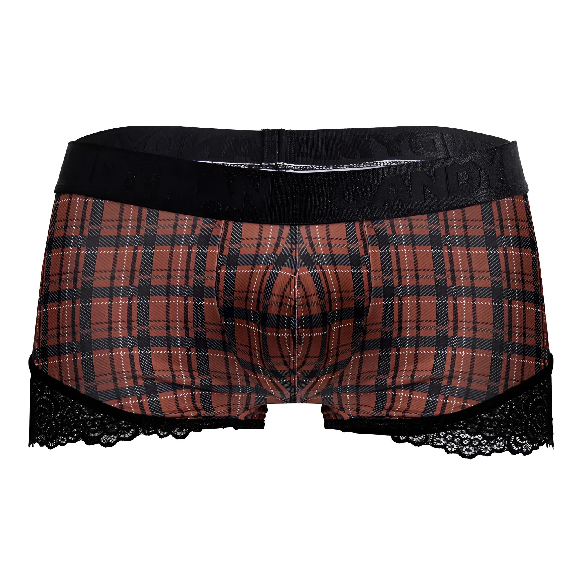 Brown and black plaid lace trim boxer briefs candyMan 99821 back to school trunks red plaid front view