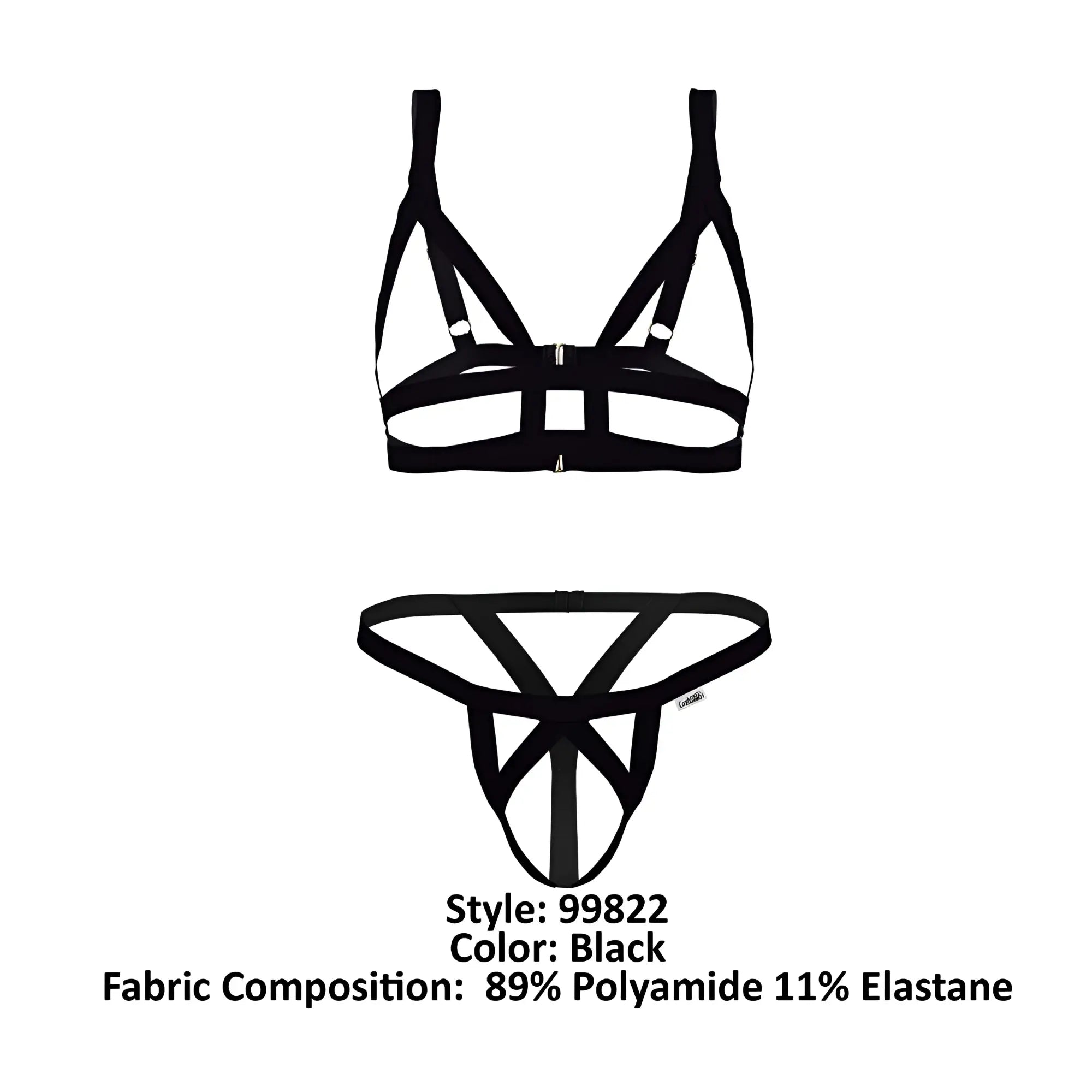 Black CandyMan 99822 two piece lingerie set featuring a geometric crisscross strappy design