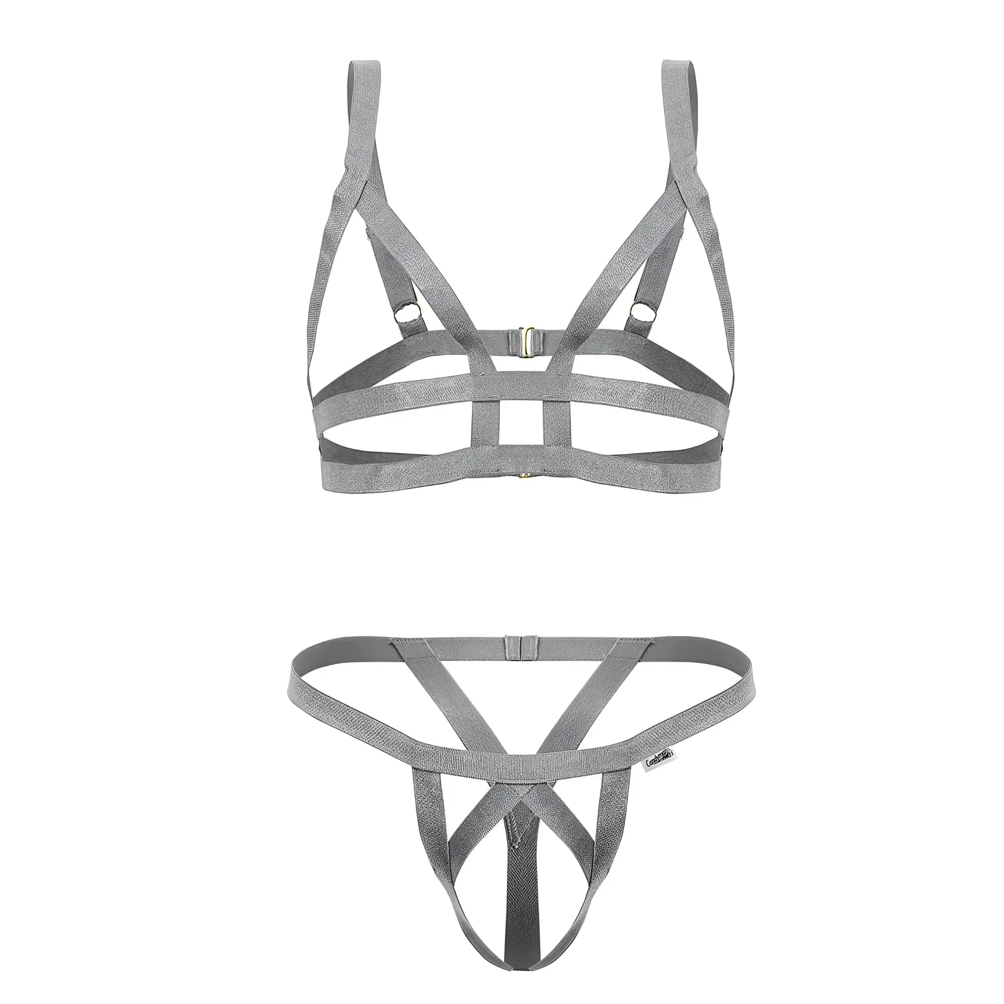Gray shimmering fabric harness set with metallic buckle and adjustable straps from candyman 99822 two piece outfit
