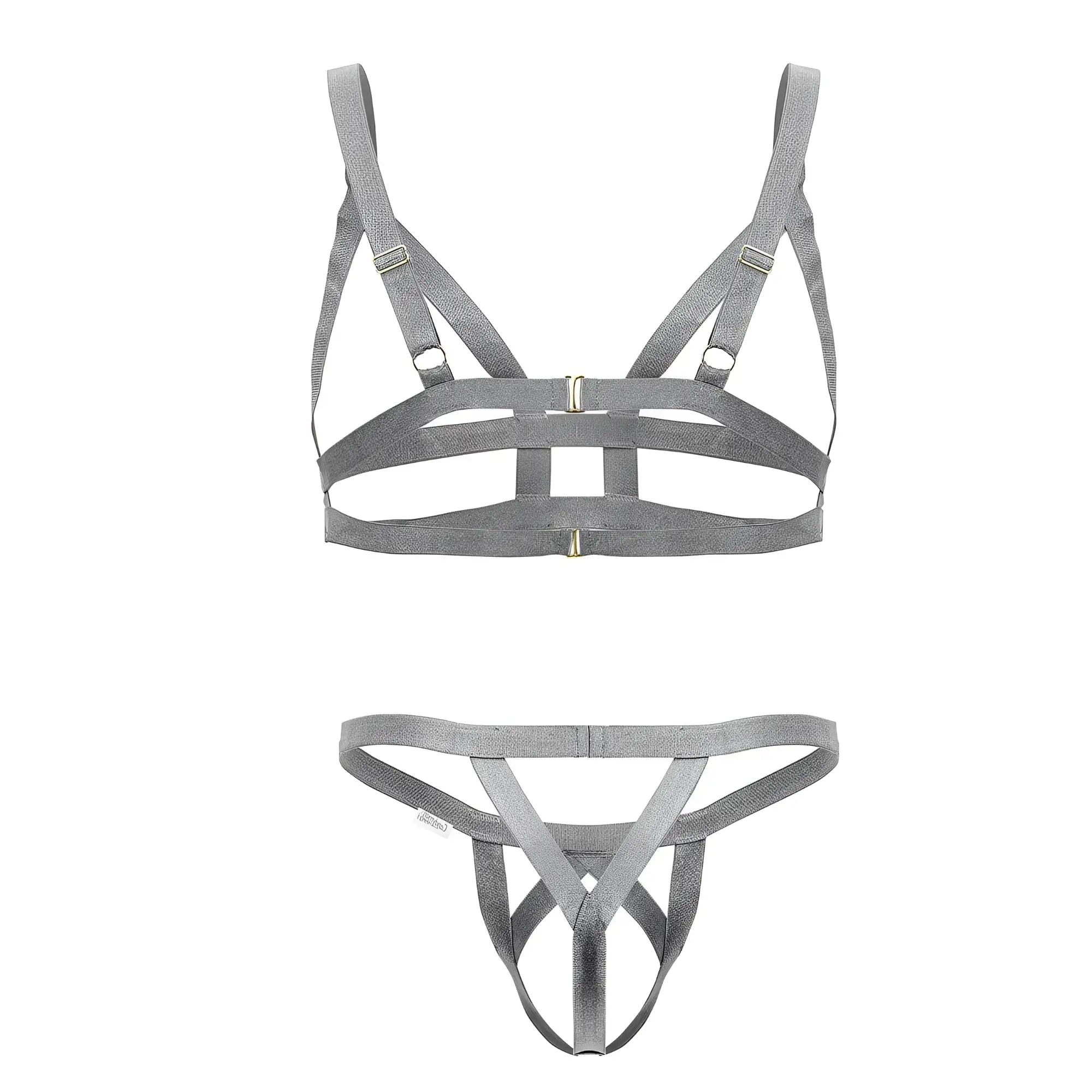 Gray fabric harness-style lingerie set with adjustable straps and metallic hardware candyMan 99822 two piece outfit