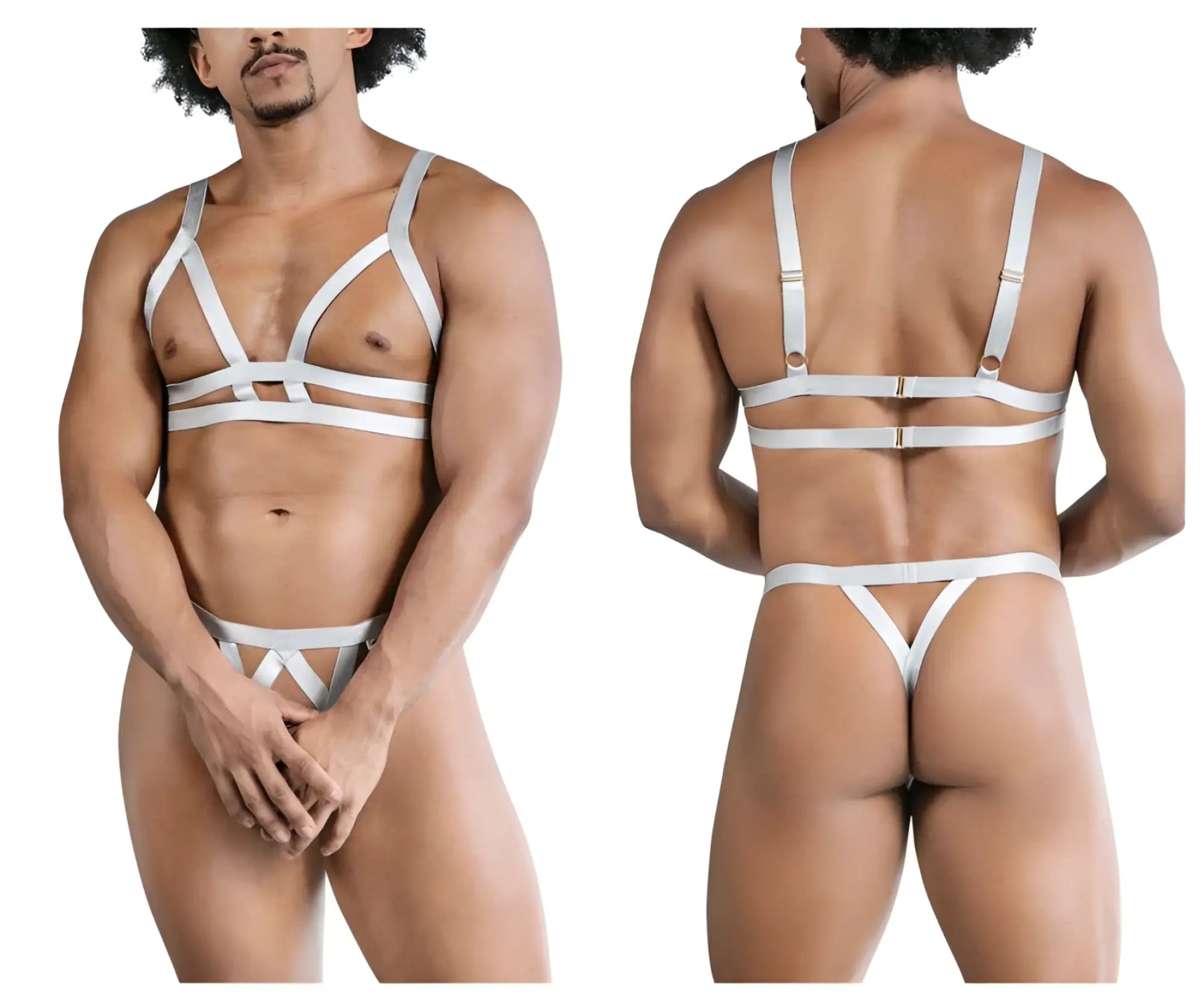 Gray candyman 99822 two piece outfit white satin harness lingerie set with adjustable straps and minimalist design