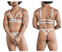Gray candyman 99822 two piece outfit white satin harness lingerie set with adjustable straps and minimalist design