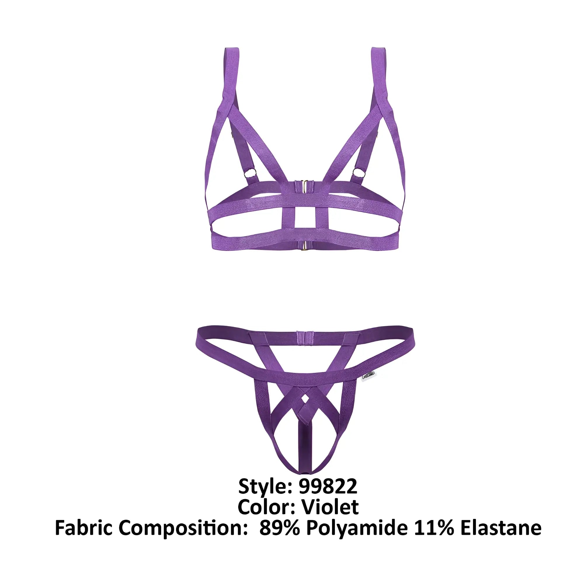 Violet candyMan 99822 harness-style two piece lingerie set made of 89 polyamide 11 elastane shown from the back