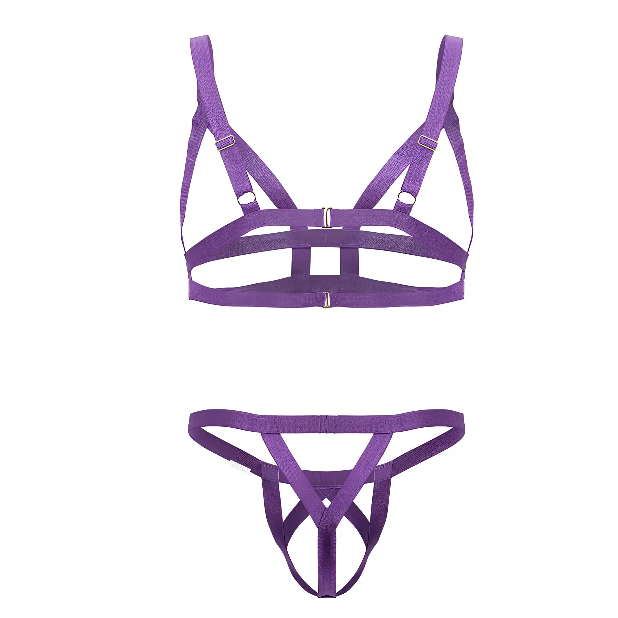 Purple fabric harness-style lingerie set with adjustable straps and metallic clasps candyMan 99822 two piece outfit