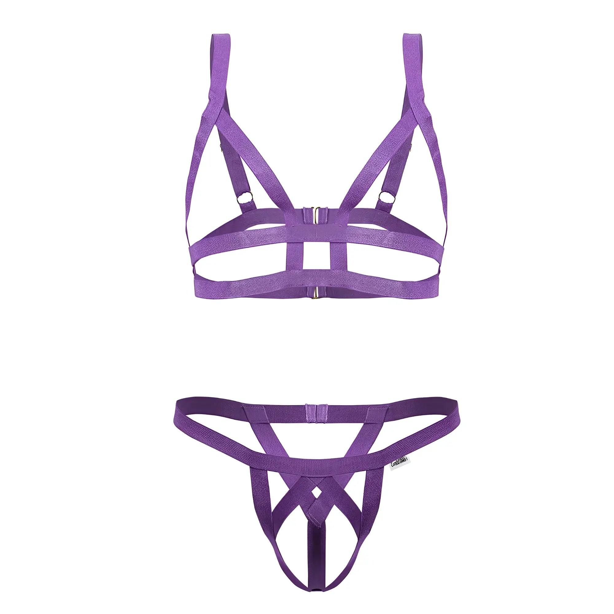 Purple candyMan 99822 two piece harness-style lingerie set with crisscross elastic fabric design