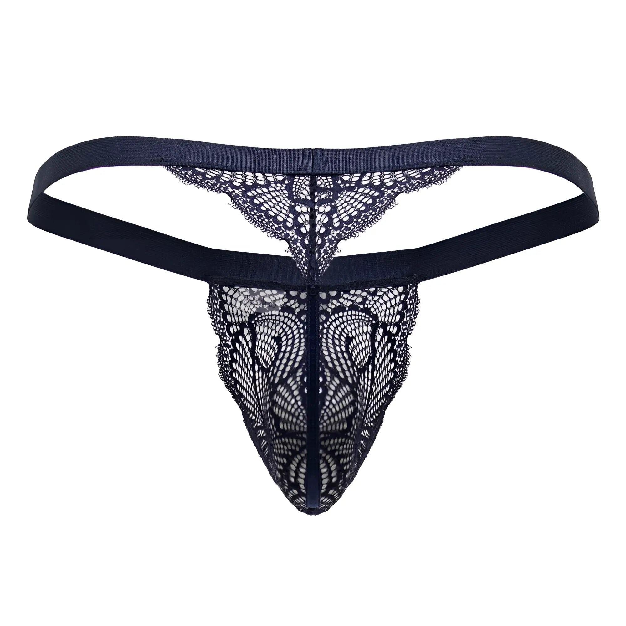 Black lace thong CandyMan 99823 in blue featuring intricate butterfly-patterned mesh and solid elastic waistband