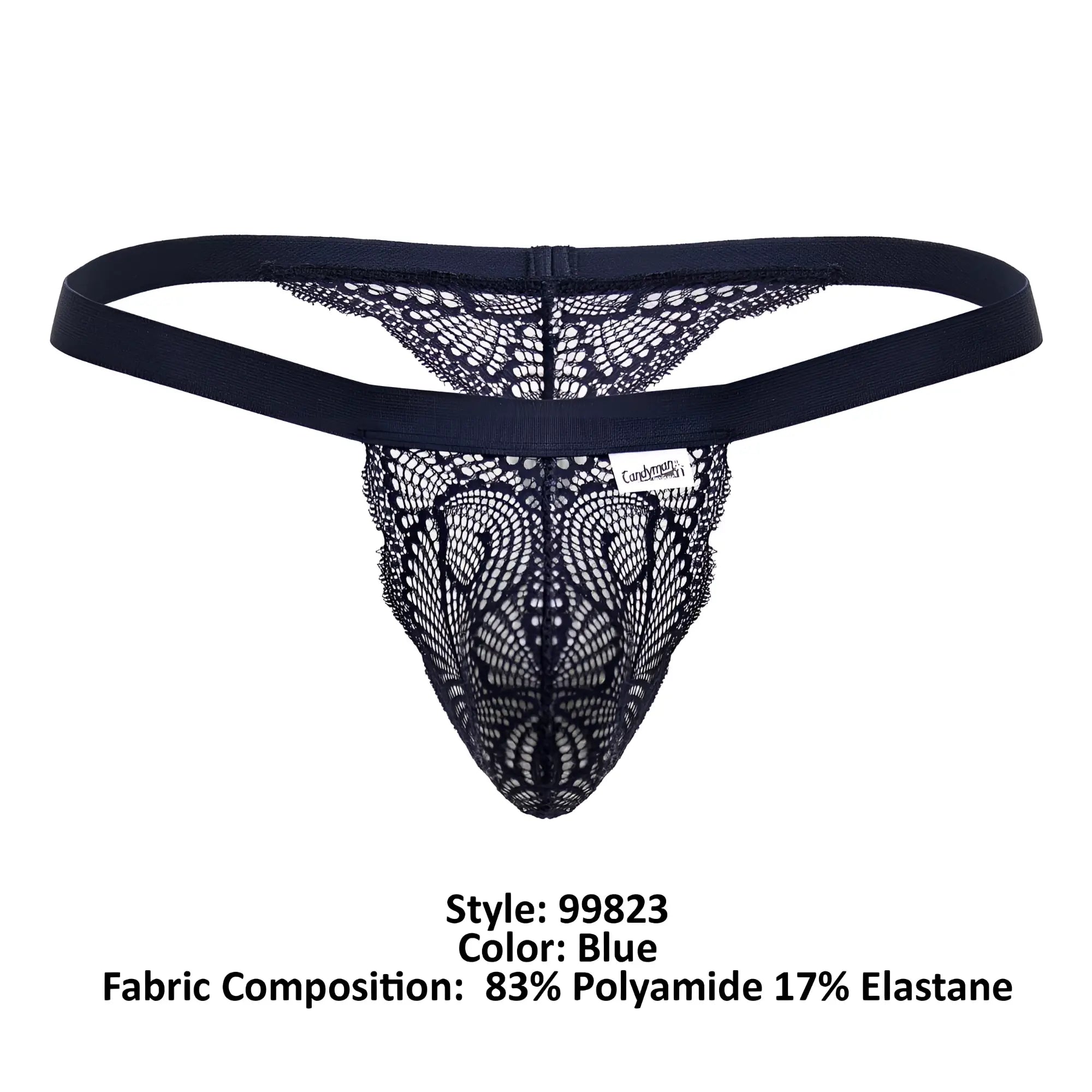 Black lace thong candyMan 99823 in blue with solid elastic waistband and intricate lace pattern