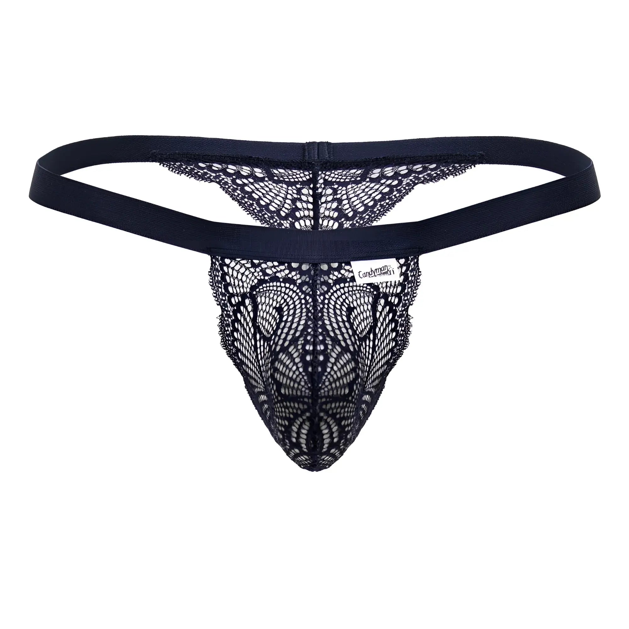 Black lace thong candy man 99823 in blue with intricate pattern and solid elastic waistband front view