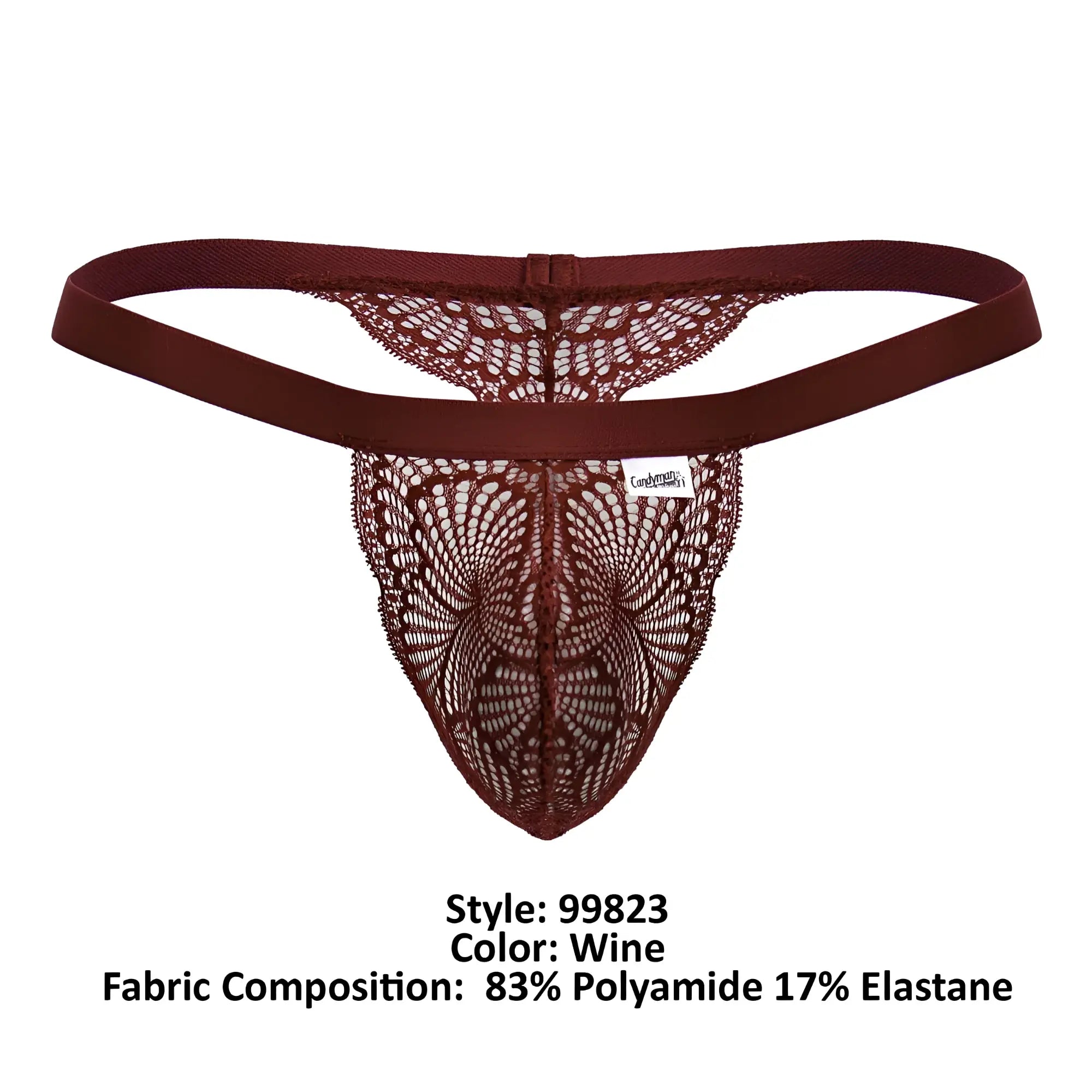 Wine-colored candyMan 99823 lace thong with delicate intricate pattern and elastic waistband front view